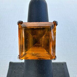 925 Silver Ring Large Amber Glass Stone Size 6.5